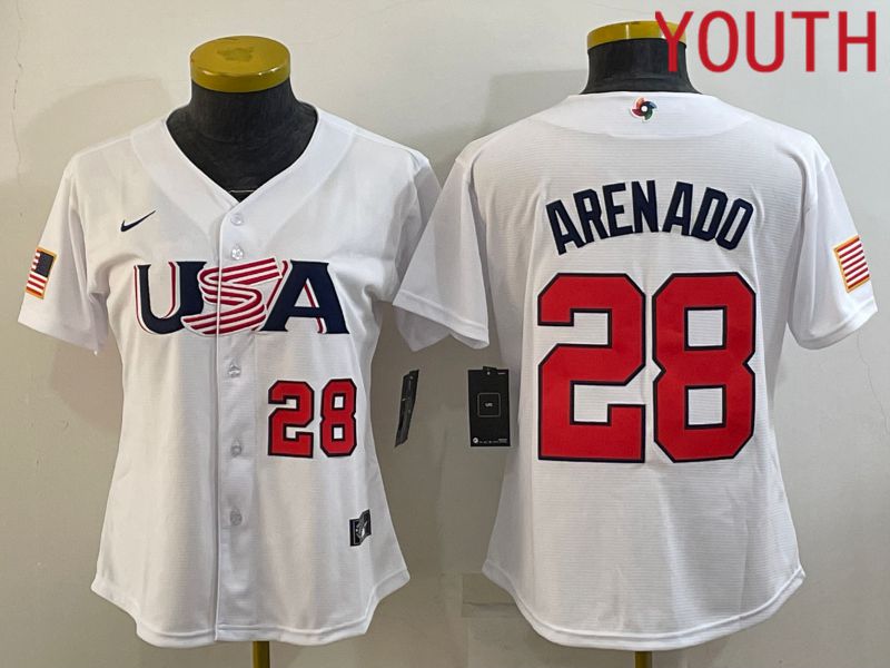 Youth 2023 World Cub USA #28 Arenado White MLB Jersey2->youth mlb jersey->Youth Jersey